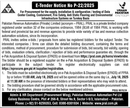 Pakistan Revenue Automation Private Limited Islamabad Tender Notice